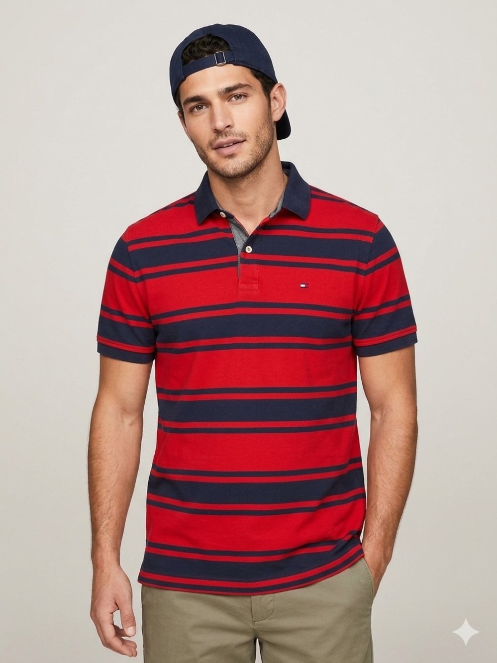 Tommy Hilfiger Red & Navy Striped Cotton Polo (L)